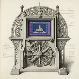 close - up on detailed, intricate technical drawings from 1 8 4 0 with extensive written labels and covered in scribbled pencil notes, for a mechanical display attachment to babbage's difference engine, showing a screen playing tetris, beautiful, symmetric, art nouveau