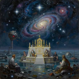 a beautiful painting of a large mystic altar in the middle of a nuclear sea, stars and nebulas in the sky, moebius, thomas cole, patrick markle, oil on canvas, 8 k, 4 k, highly detailed