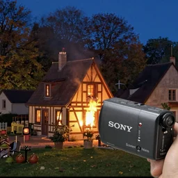 mini dv still of a heavy burning french style little house by night in autumn, in a small northern french village, by sony mini dv camera, heavy grain, low quality, high detail, dramatic light, anamorphic, flares