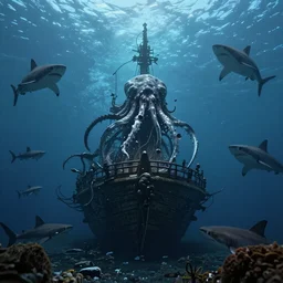 underwater ghost ship surrounded by monsters of the deep, 4k, unsettling, thalasophobia, sharks, kraken