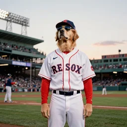 the red sox left fielder, a golden retriever dog wearing sunglasses, full uniform, baseball shirt and hat, looks up wistfully and bravely at the sky in fenway park, pulitzer prize winning photo, 2 5 mm portra, film grain, diffused light, sunset, 8 k