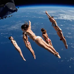 4 k photo of girl in bikini flying in space, background in space