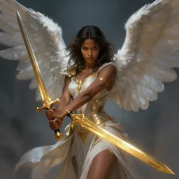 a beautiful angelic woman, dark skin, wielding a golden sword, fantasy art, art by greg rutkowski and artgerm, amazing detail, illustration, epic,, artstation, concept art, sharp focus, cinematic