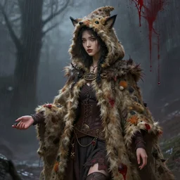 beautiful ancient witch in makeshift animal bow cape, blood rain on background, highly detailed, digital painting, artstation, sharp focus, illustration, art by tan zi and ayanamikodon and alphonse mucha and wlop