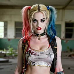 detailed movie still of megan fox as a harley quinn, really large bust, intricate features, 8 k, by greg rutkowski, artgerm, derelict schoolyard.