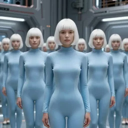 troop of cloned ancient women with white bob hairdos, tight light blue neopren suits, futuristic production facility, sci - fi, highly detailed, cinematic