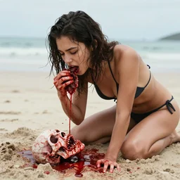 girl in bikini eating a corpse, a lot of blood blood