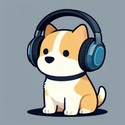 a puppy listening to headphones, cyberpunk vector art