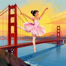 a one quarter chinese three - quarter caucasian mixed race five - year - old girl, dressed as a ballerina, balancing on the golden gate bridge, wide shot, sunset illustration, pop art, splash painting, art by geof darrow, ashley wood, alphonse mucha
