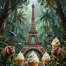 eiffel tower surrounded by ice cream in a tropical forest with angry animals, modern art, mysterious,