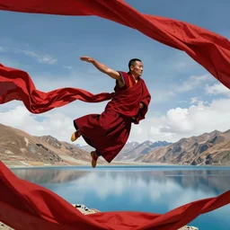 a wide angle lens shot on full - frame camera of tibetan monk flying over himalaya mountains lake in weightlessness in traditional red cloth. monk body movements looks like modern dance choreography. a lot of flying red fabric around, sky and cloth fabric reflected in blue lake water. illustration by craig mullins, yoji shinkawa, trending on artstation, peter mohrbacher, hyper detailed, intricate