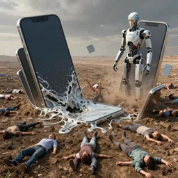 gigantic smartphones melting into the ground, humans falling into the ground representing their demise, a robot intelligence with a godlike presence rising from the ground, all in a surrealist style