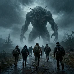 A hiking group running away from an ancient eldritch monster, horror movie cinematic, rain stormy fog, terrifying nightmare