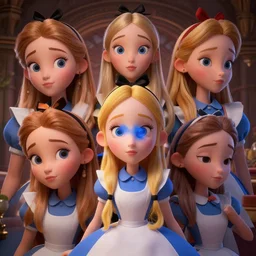 a insanely intricate beautifull 3 d render of alice in wonderland, beauty cute faces, unreal engine, 8 k resolution, cell shaded render, soft dramatic lighting, cinematic, insanely intricate, subsurface scattering, anti aliashing, pixar,