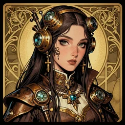 a detailed portrait illustration of a steampunk mage - priestess. gorgeous face, coy expression. art nouveau, pop art, comic book style. influenced by neil gaiman, h. p. lovecraft, dan mumford, android jones, vadim voitekhovitch, killian eng, ross tran.