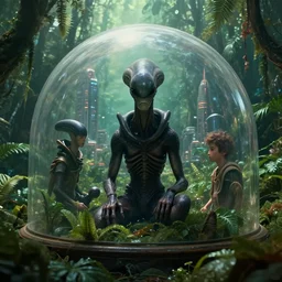 movie still frame, unhappy dark alien inside a dome in a futuristic city in the jungle, beautiful composition, 8 k, cgi, by ridley scott, james cameron, zack snyder and michael bay