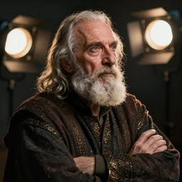 portrait of an old, medieval alchemist in the dark, he is looking into the distance thoughtfully!!. close up, arm - fold, studio lighting bright ambient lighting key light, fantasy, detailed, photorealistic portrait by michael komarck, greg rutkowski, victo ngai, artgerm and j. dickenson