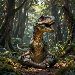 dinosaur meditating in the forest