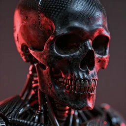closeup shot of a carbon black cyborg, skull, macro shot, dof, cinematic, volumetric lighting, studio shot, octane render, red light, 4 k