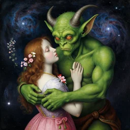 a green-horned goblin monster embracing a woman with flowers in a nebula, by Jan van Eyck