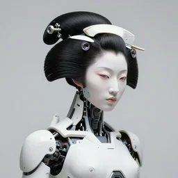 fine art portrait head shot minimal geisha cyborg mech by ilm and bill sienkiewicz and emmanuel shiu, zaha hadid, simplified neo - futuristic hr giger tactical, posed feminine, studio, mamiya 6 5 mm photograph, iso 4 0 0, f / 5. 6, hyperrealism, studio lighting, high detail, sharp focus, trending artstation, cgsociety