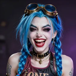 jinx : harley quinn braids, double long braids blue, no makeup, tane skin, blue hairs, insane crazy laugh, brown steampunk big solid welding goggles, portrait shinkai makoto artgerm rossdraws james jean marc simonetti highly detailed intricate matte sharp focus digital painting artstation pixiv