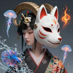 3 d goddess close - up profile solarpunk portrait ram skull. beautiful intricately detailed japanese crow kitsune mask and clasical japanese kimono. betta fish, jellyfish phoenix, fractal flame, bio luminescent, plasma, ice, water, wind, creature, artwork by tooth wu and wlop and beeple and greg rutkowski