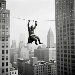 old black and white photo, 1 9 2 5, depicting batman ziplining through skyscrapers of new york city, rule of thirds, historical record
