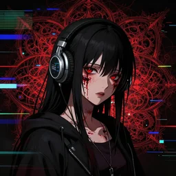 bloody anime girl wearing headphones, esoteric fractal glitchy background, dark and gothic, brutal, somber, stylized, japanese, artstation, highly detailed, noisy, vhs glitch, expired film, amazing composition, 4 k