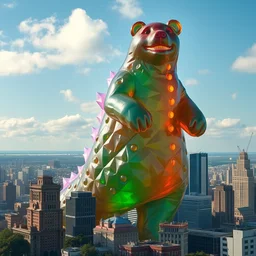 giant gummy bear towering above the city like godzilla