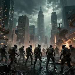 human protective forces retaliating against an interdimensional alien invasion as seen from manhattan, artist rendition, high detail, dystopian landscape with dramatic lighting