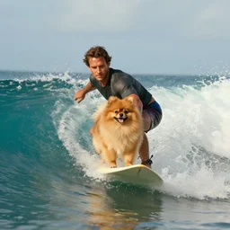 pomeranian lulu surfing a wave in the caribbean, cinematic lighting, by gaston bussiere, j. c. leyendecker, craig mullins