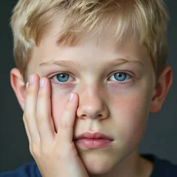 portrait of a boy with his hand on his face, extremely realistic and real, photorealistic, blonde hair and blue eyes, detailed facial structure, real eyes that are detailed