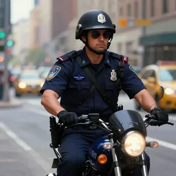 fully armed policeman with chinese badge in 2 0 5 0 ， riding in new york ， fantastic ， digital painting