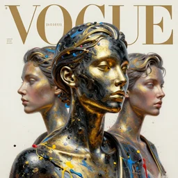 3 d, marble head of fashion model with liquid black and gold metal, vogue cover style, paint splatters, blue and yellow and red paint splashes, water caustics, 3 d poster art, high detail, 3 d intricate oil painting, multiple exposure, stanley kubrick mood, hyperrealism, 3 d, by tooth wu and wlop and beeple and greg rutkowski
