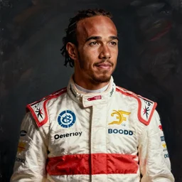 A portrait of Lewis Hamilton in his racing uniform by Francis Bacon