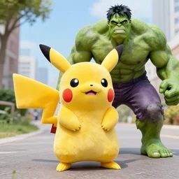 pikachu with hulk! cosplay, by studio ghibli, pixar, disney.