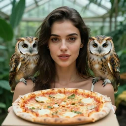 close up portrait of beautiful woman wearing a pizza in a tropical greenhouse with an owl on her shoulder, bokeh, cinematic colors