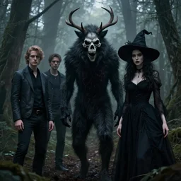 style artgerm, joshua middleton, diego fazio, gerald brom, scary wendigo with antlers and skull face mixed with werewolf : : [ beautiful witch wearing a black dress on the right side ] : : in the forest, detailed, dark and foggy, cinematic lighting