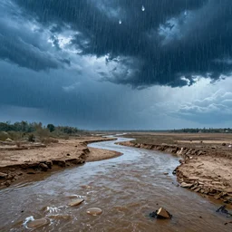 (((Massive raindrops)))!! over dried up river on dead land, hyper detailed photorealistic, dramatic lighting, global warming, blue sky