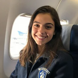 a beautiful girl from minnesota, brunette, joyfully smiling at the camera opening her brown eyes. thinner face, irish genes, dark chocolate hair colour, wearing university of minneapolis coat, perfect nose, morning hour, plane light, portrait, minneapolis as background. healthy, athletic, in her early 2 8 s