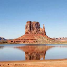 professional photograph of a butte in a desert overlooking a lake, reflection