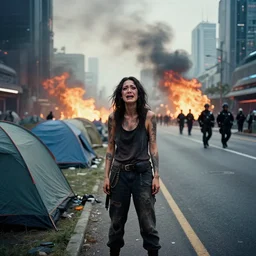 Cinestill 50d candid extreme wide shot of a poor techwear mixed woman wearing makeup crying outside of a futuristic city on fire, cyberpunk, tattoos, homeless tents on the side of the road, military police, extreme long shot, desaturated, full shot, action shot, blurry, 4k, 8k, hd, full color