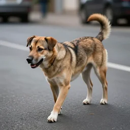 high quality photo of a bipedal dog walking down the street, artistic
