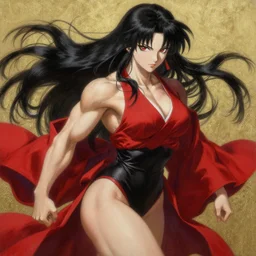 portrait of a muscular female fighting shrine maiden miko with long flowing black hair wearing a red hakama over a black leotard, touhou character art by thoma greg rutkowski boris vallejo yoshitaka amano michael whelan nekro illustrated art by ashley wood, detailed painting, shimmer oil on canvas artstation