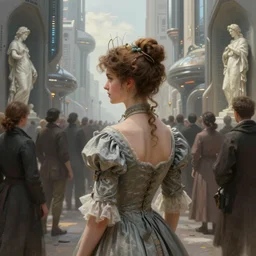 portrait of a victorian lady within a crowd of people in a futuristic city, from behind, streets, marble statues on the sides, beautiful, solarpunk!!!, highly detailed, digital painting