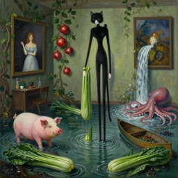 painting of a flooded artist's apartment and a tall emo catgirl, magical courgettes, a pig, a lady inside paintings on the wall, pomegranates, vines, waterfall, octopus, canoe, berries, zen, sensual, surrealist painting by magritte and rousseau and monet