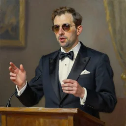 a portrait of a fly wearing an elegant suit giving a speech, oil painting, artstation