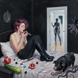 realistic painting of messy artist's bedroom with black walls, queer emo artist eating blackberries, knife, paint tubes, a liminal doorway to the future, high black boots, pomegranate, a black pig, courgette, black octopus, sensual, surrealist, acrylic and oilstick on canvas