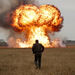 cctv footage of a man running across a field, in the background is a large explosion, highly detailed, very realistic.